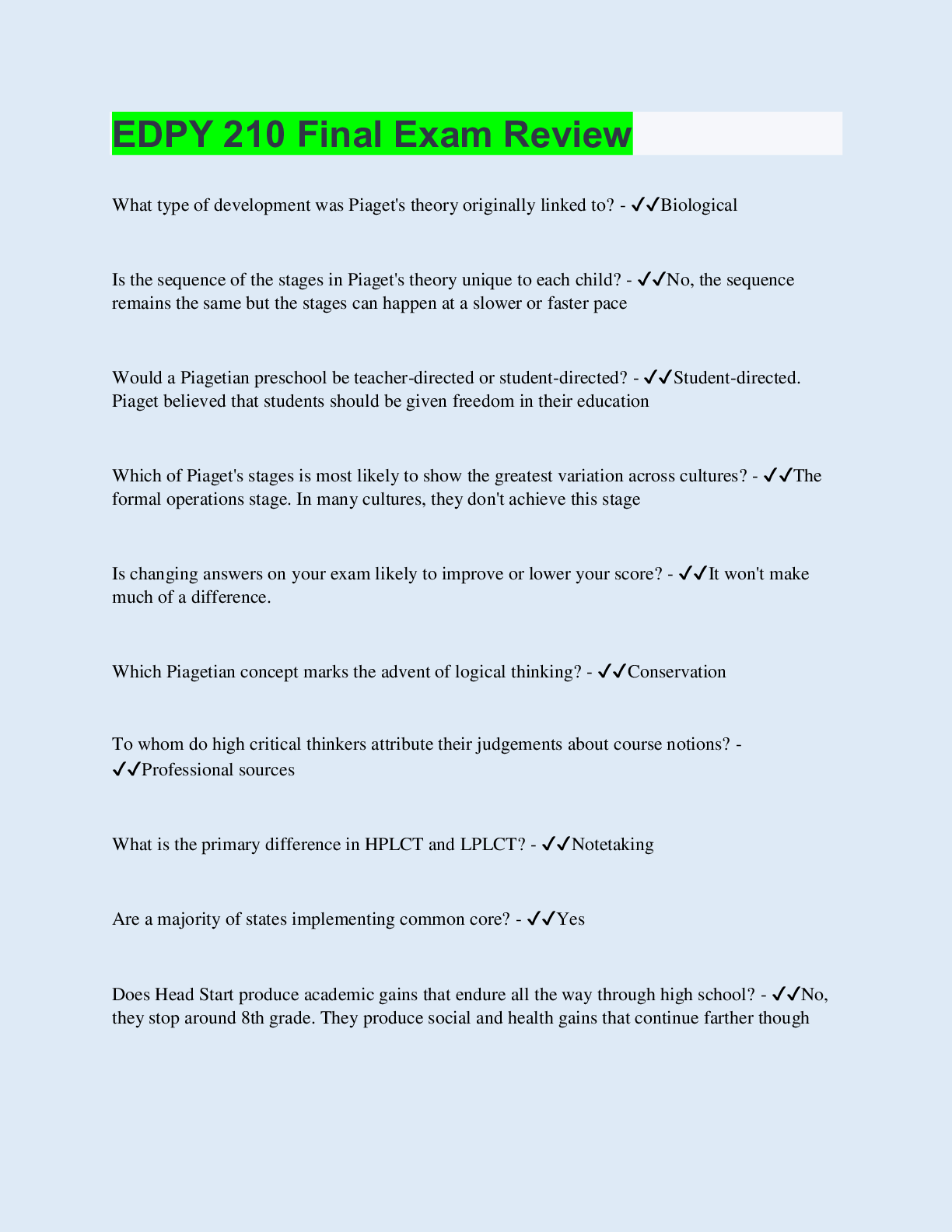 Preview image for EDPY 210 Final Exam Review | 100 Questions with 100% Correct Answers | Updated & Verified